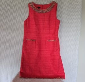 Talbots Sleeveless Coral Tweed Shift Dress with Fringe Trim